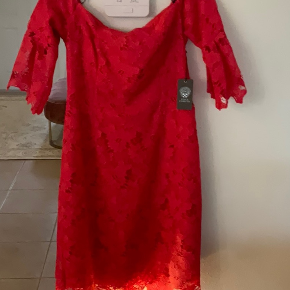 Vince Camuto Red Off-the-Shoulder Bell Sleeve Sheath Dress